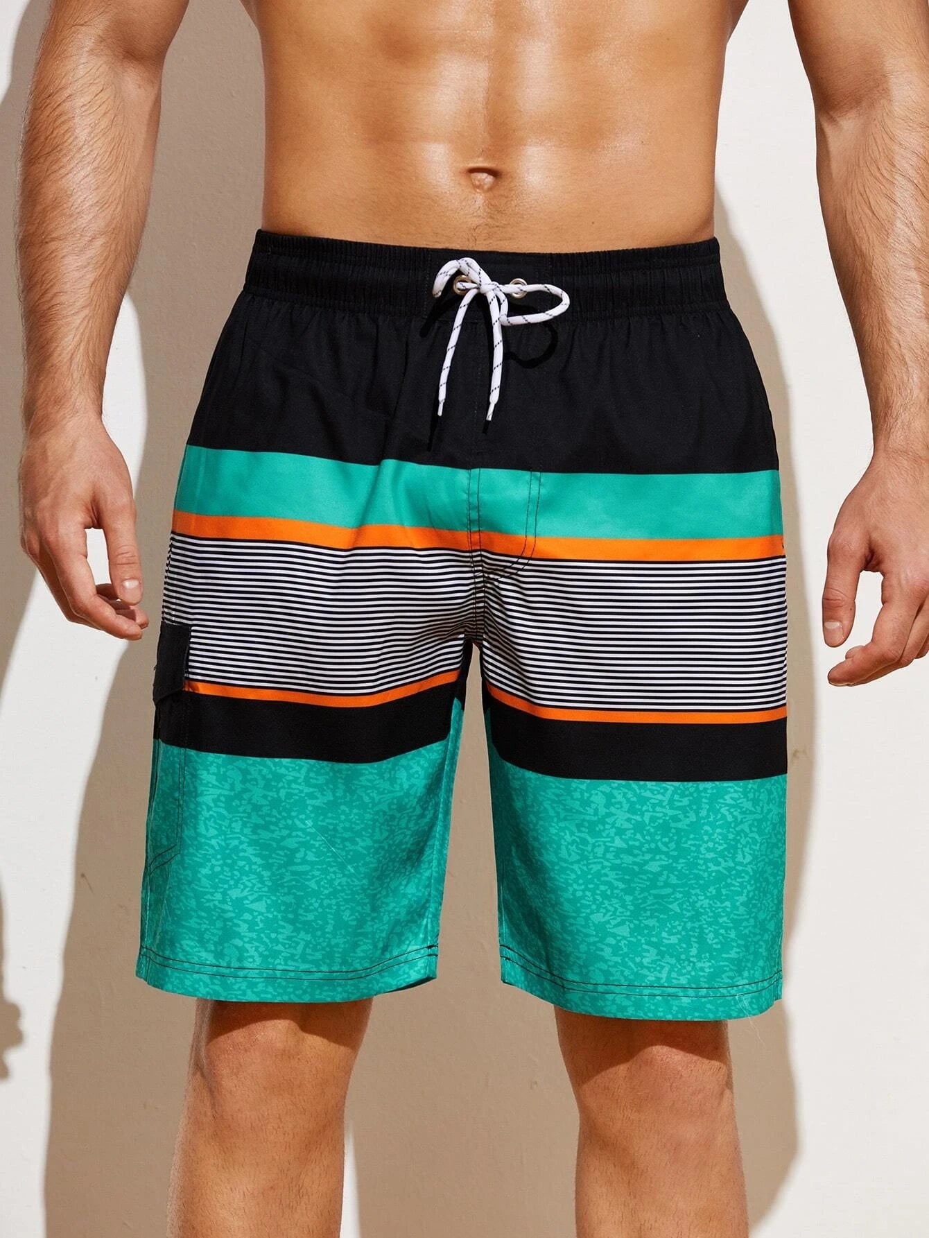 Striped Print Flap Detail Swim Shorts-Waves And Trunks
