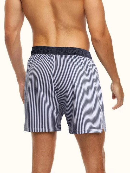 Slight Stretch Striped Print Drawstring Waist Swim Shorts-Waves And Trunks