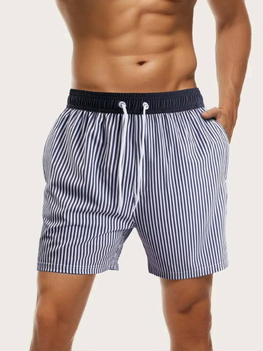 Slight Stretch Striped Print Drawstring Waist Swim Shorts-Waves And Trunks