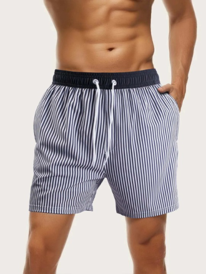 Slight Stretch Striped Print Drawstring Waist Swim Shorts-Waves And Trunks