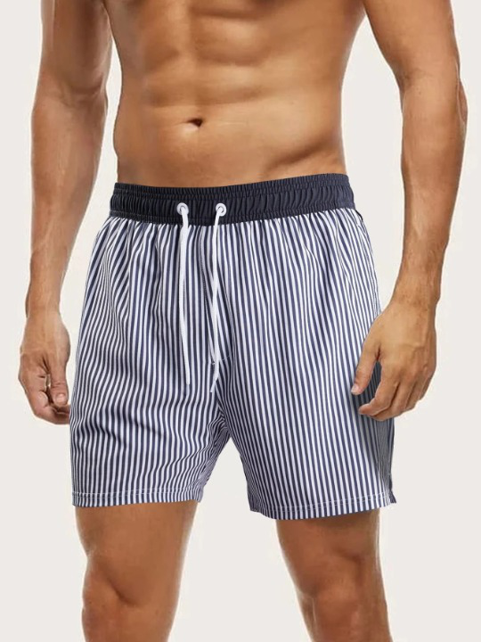 Slight Stretch Striped Print Drawstring Waist Swim Shorts-Waves And Trunks