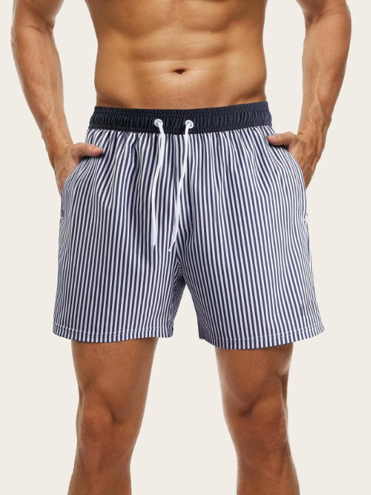 Slight Stretch Striped Print Drawstring Waist Swim Shorts-Waves And Trunks
