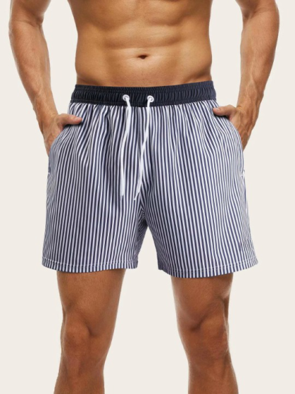 Slight Stretch Striped Print Drawstring Waist Swim Shorts-Waves And Trunks