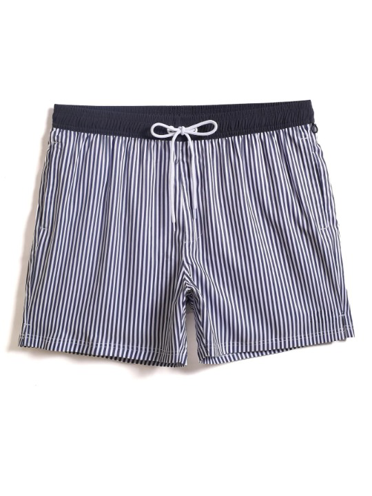 Slight Stretch Striped Print Drawstring Waist Swim Shorts-Waves And Trunks