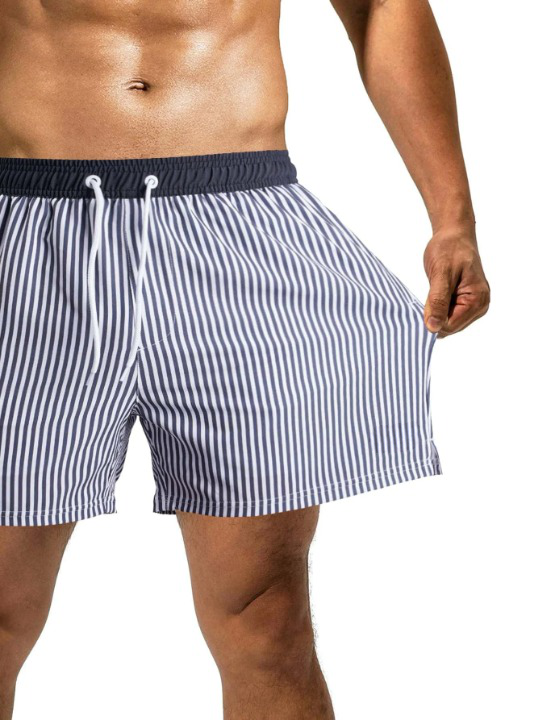 Slight Stretch Striped Print Drawstring Waist Swim Shorts-Waves And Trunks