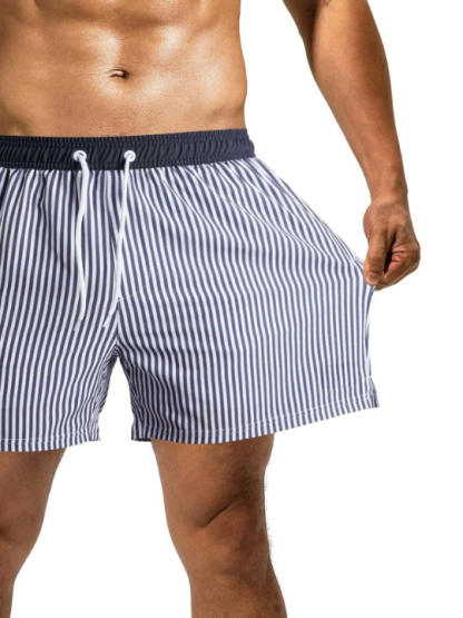 Slight Stretch Striped Print Drawstring Waist Swim Shorts-Waves And Trunks