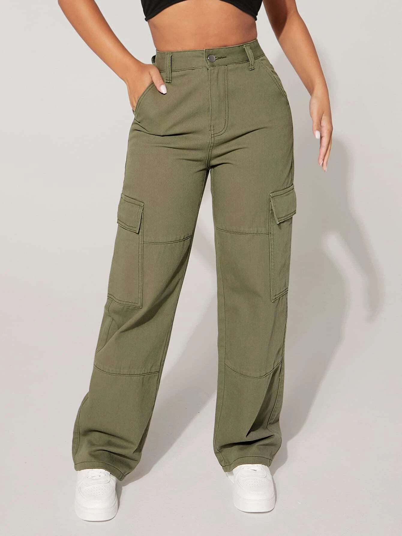 High Rise Flap Pocket Cargo Jeans-Waves And Trunks