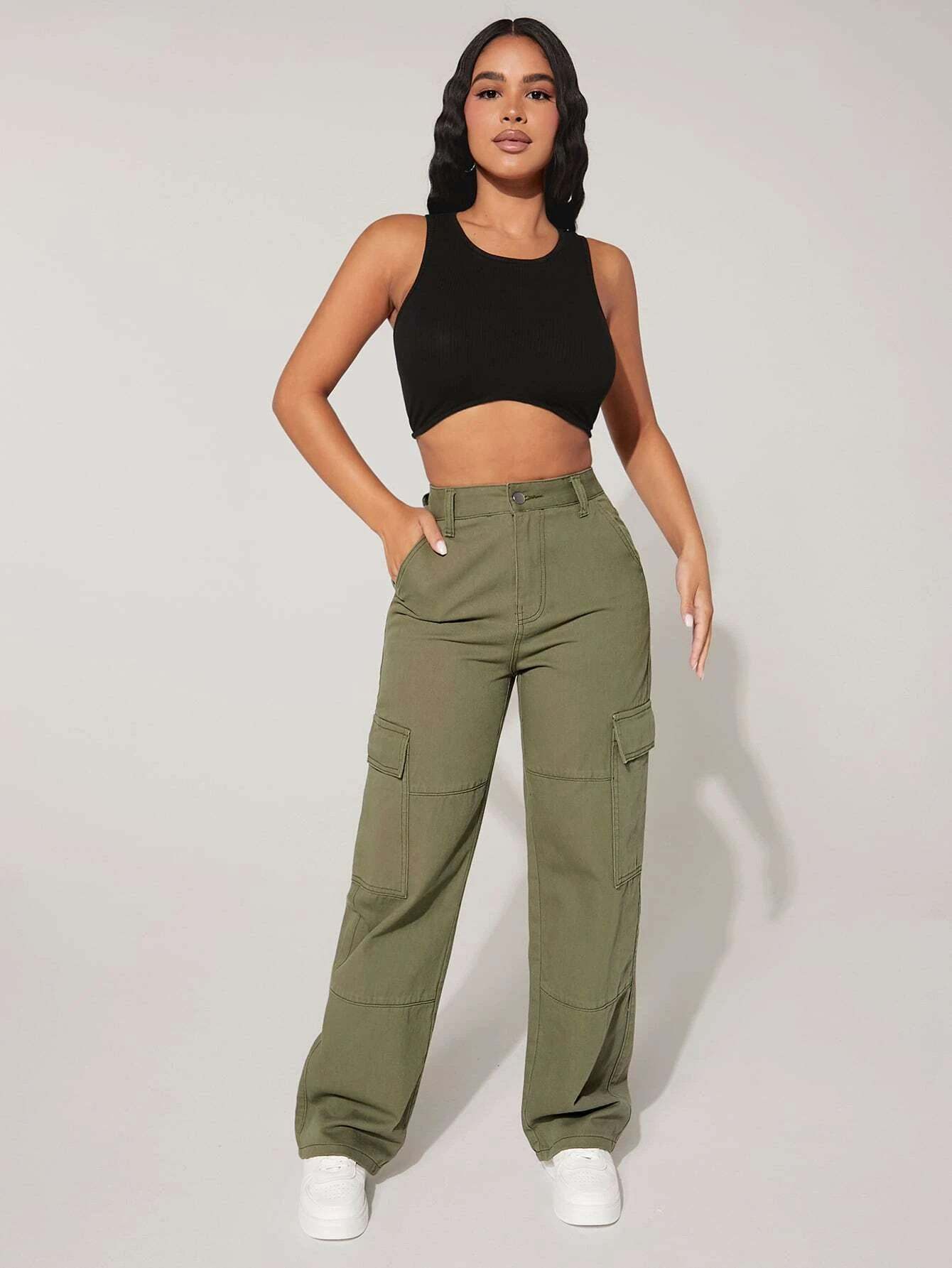 High Rise Flap Pocket Cargo Jeans-Waves And Trunks