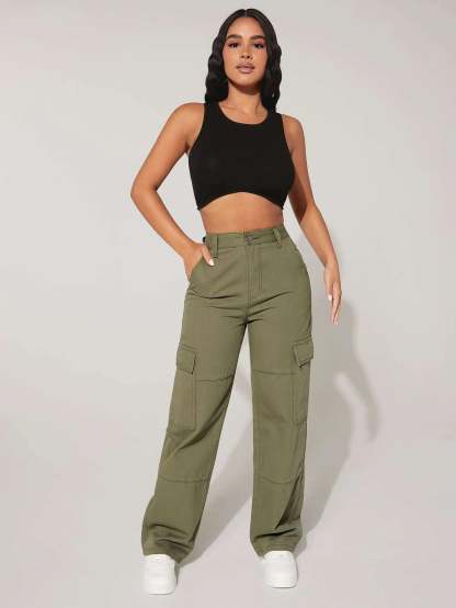 High Rise Flap Pocket Cargo Jeans-Waves And Trunks
