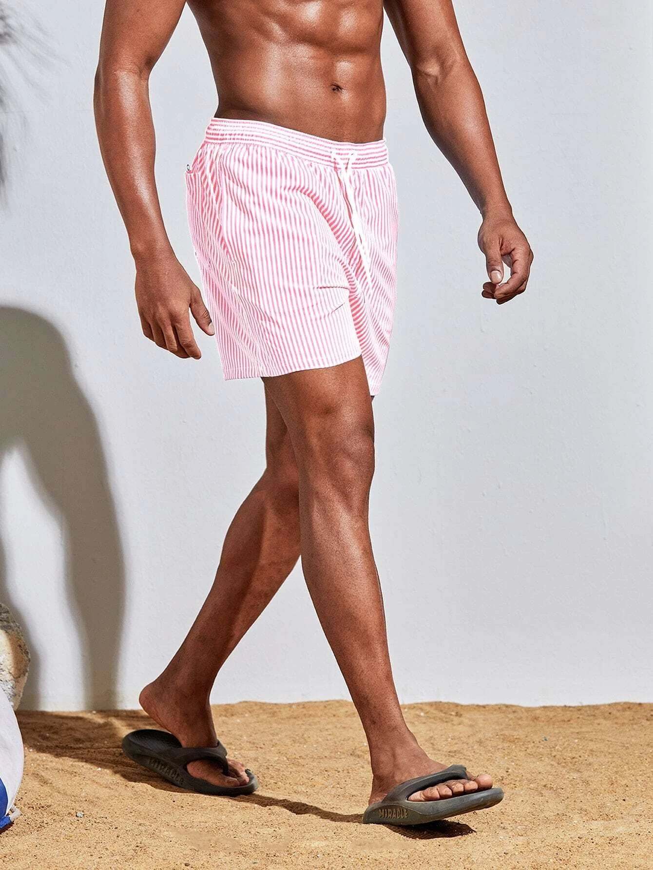 Vertical Striped Drawstring Swim Shorts-Waves And Trunks