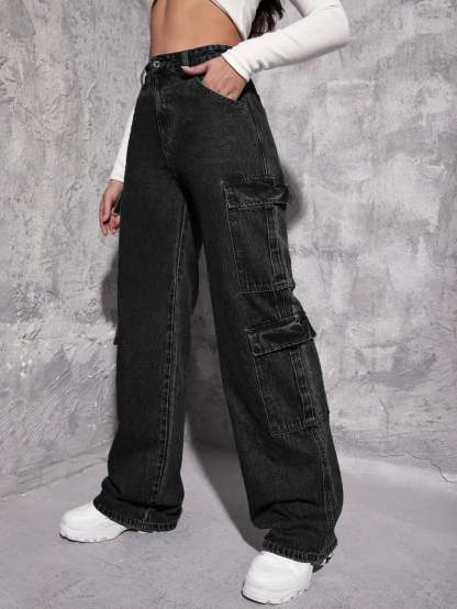 Plain Zipper Fly Flap Pocket Jeans-Waves And Trunks