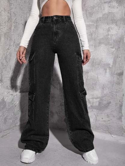 Plain Zipper Fly Flap Pocket Jeans-Waves And Trunks