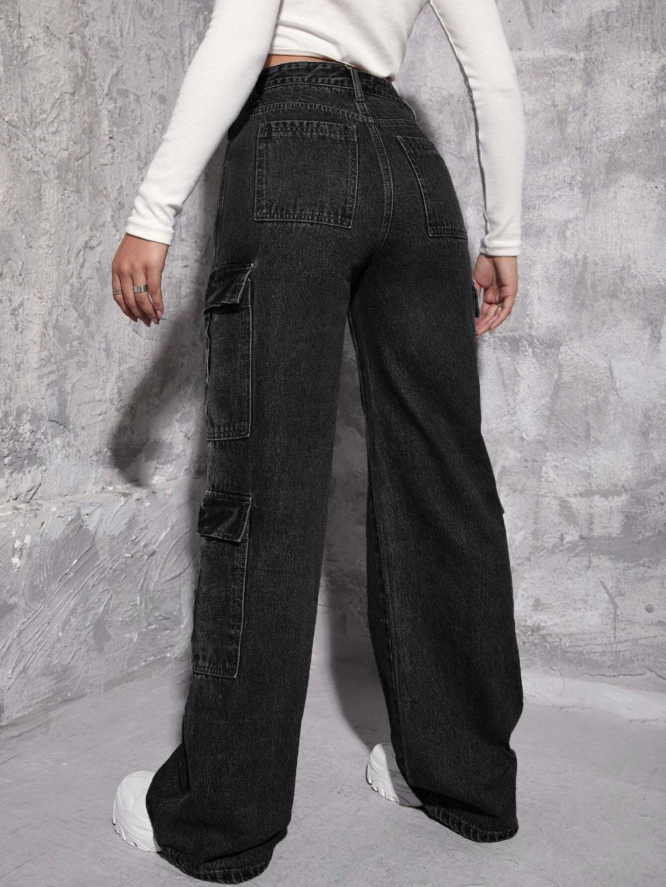 Plain Zipper Fly Flap Pocket Jeans-Waves And Trunks