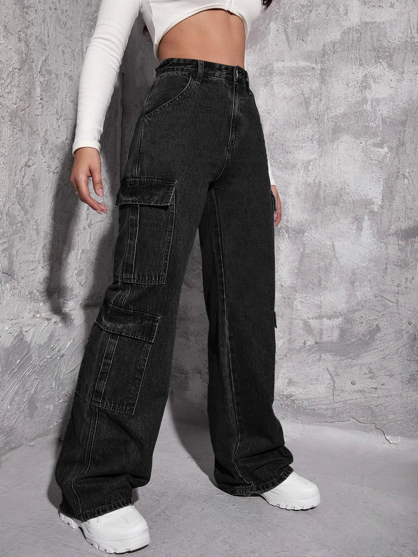 Plain Zipper Fly Flap Pocket Jeans-Waves And Trunks