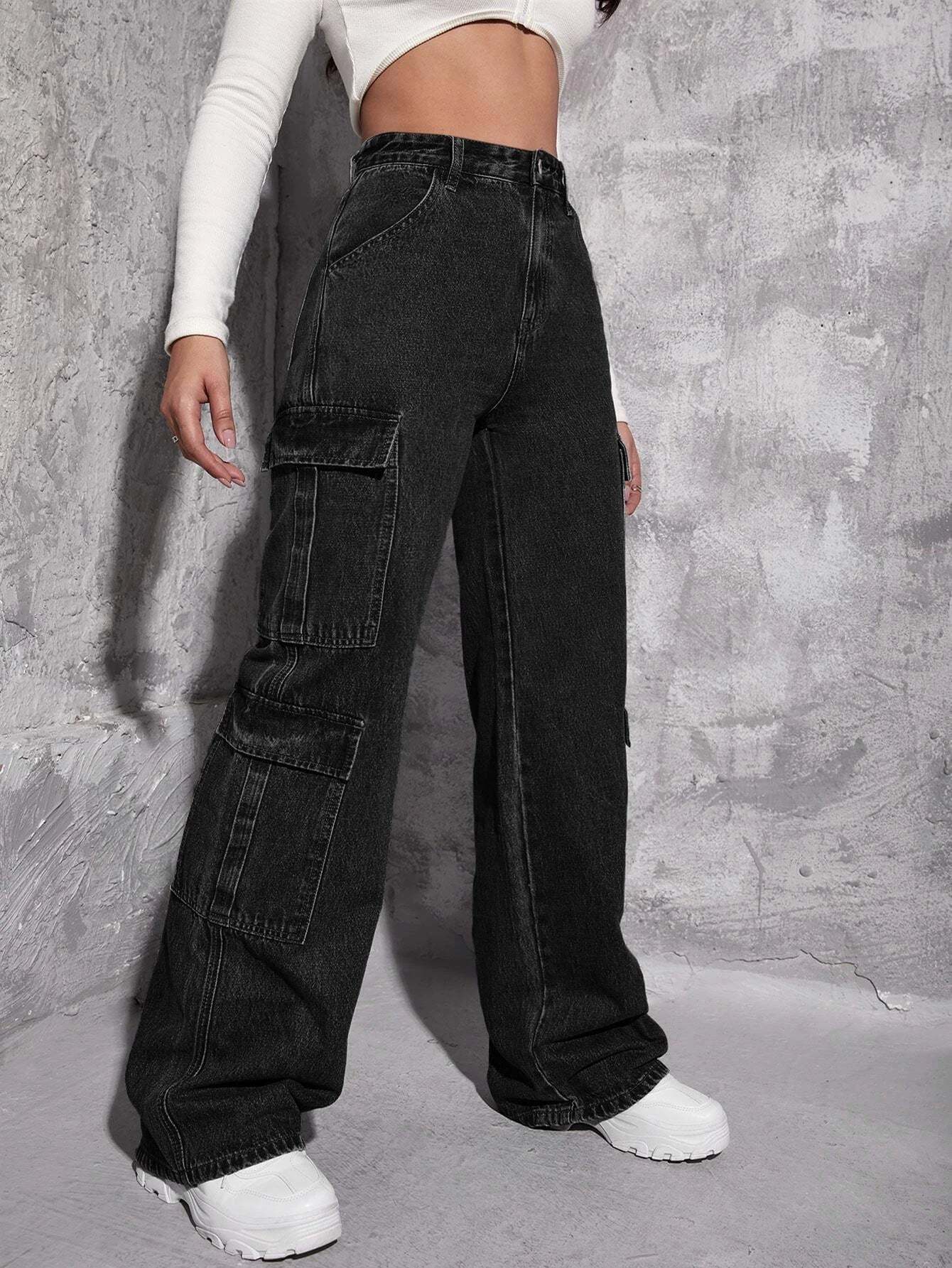 Plain Zipper Fly Flap Pocket Jeans-Waves And Trunks