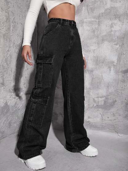 Plain Zipper Fly Flap Pocket Jeans-Waves And Trunks