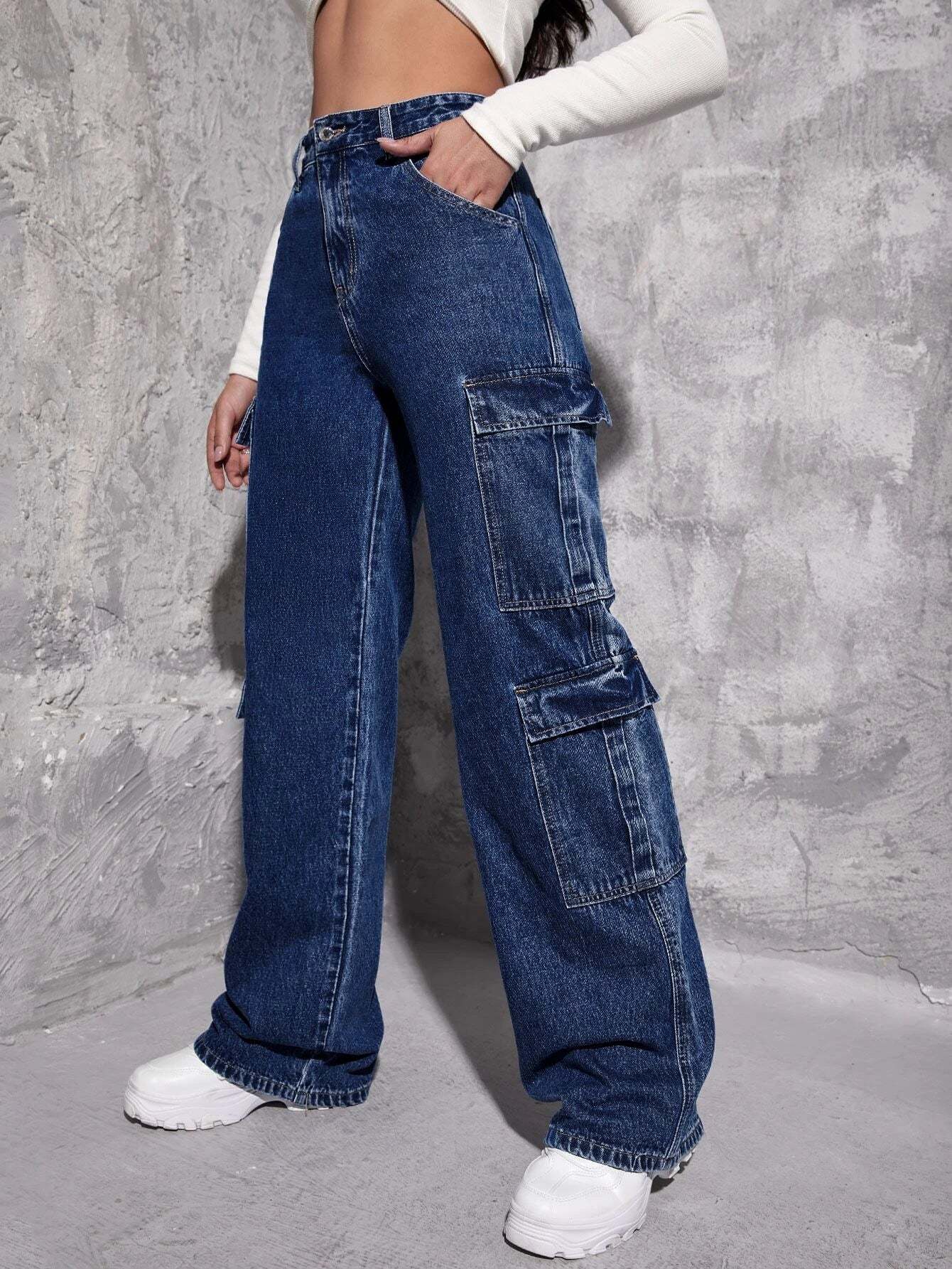 Plain Zipper Fly Flap Pocket Jeans-Waves And Trunks