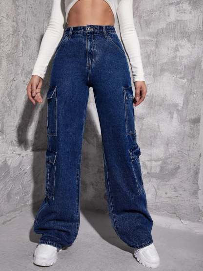 Plain Zipper Fly Flap Pocket Jeans-Waves And Trunks
