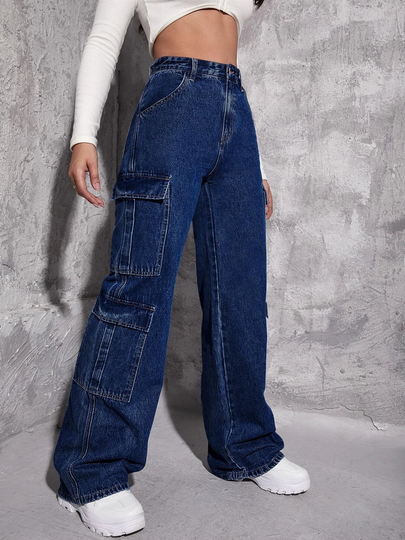 Plain Zipper Fly Flap Pocket Jeans-Waves And Trunks