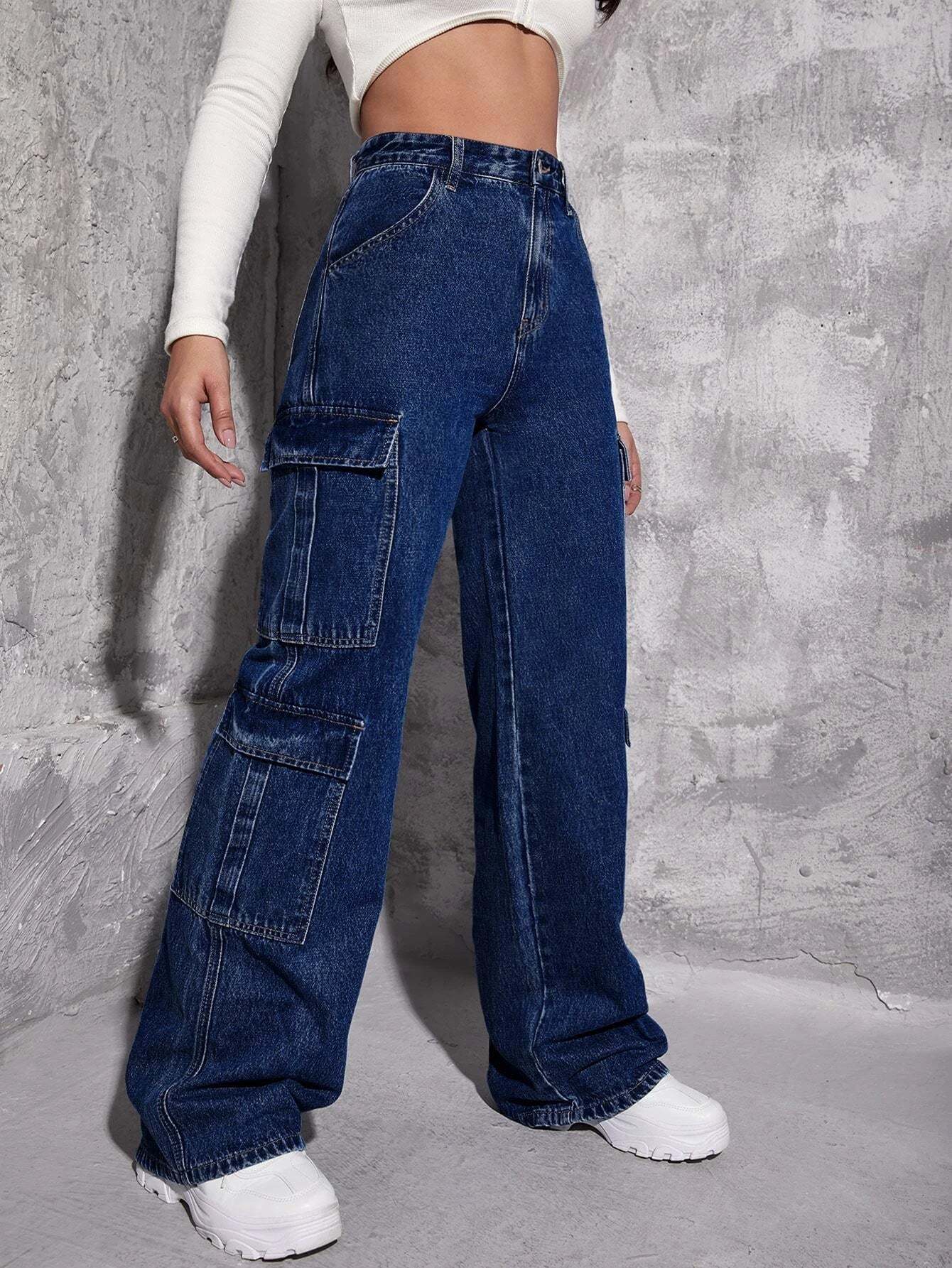 Plain Zipper Fly Flap Pocket Jeans-Waves And Trunks