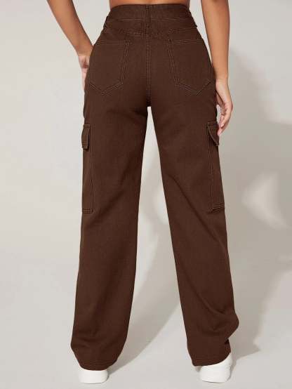 High Rise Flap Pocket Cargo Jeans-Waves And Trunks