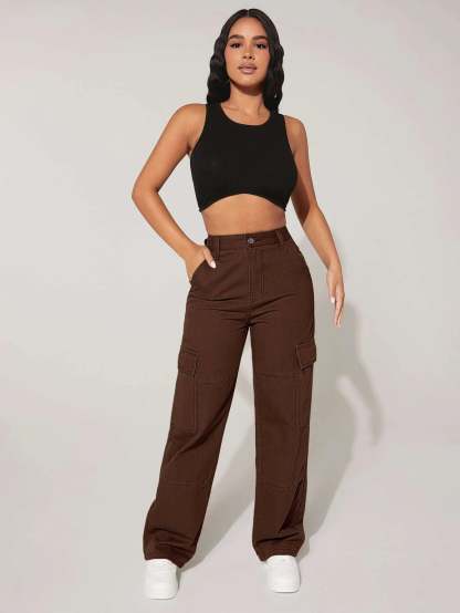 High Rise Flap Pocket Cargo Jeans-Waves And Trunks