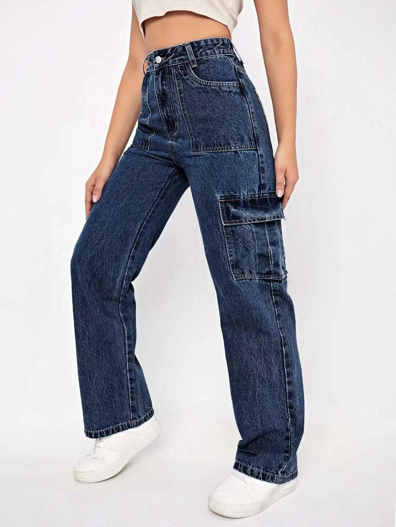 High Rise Cargo Jeans-Waves And Trunks