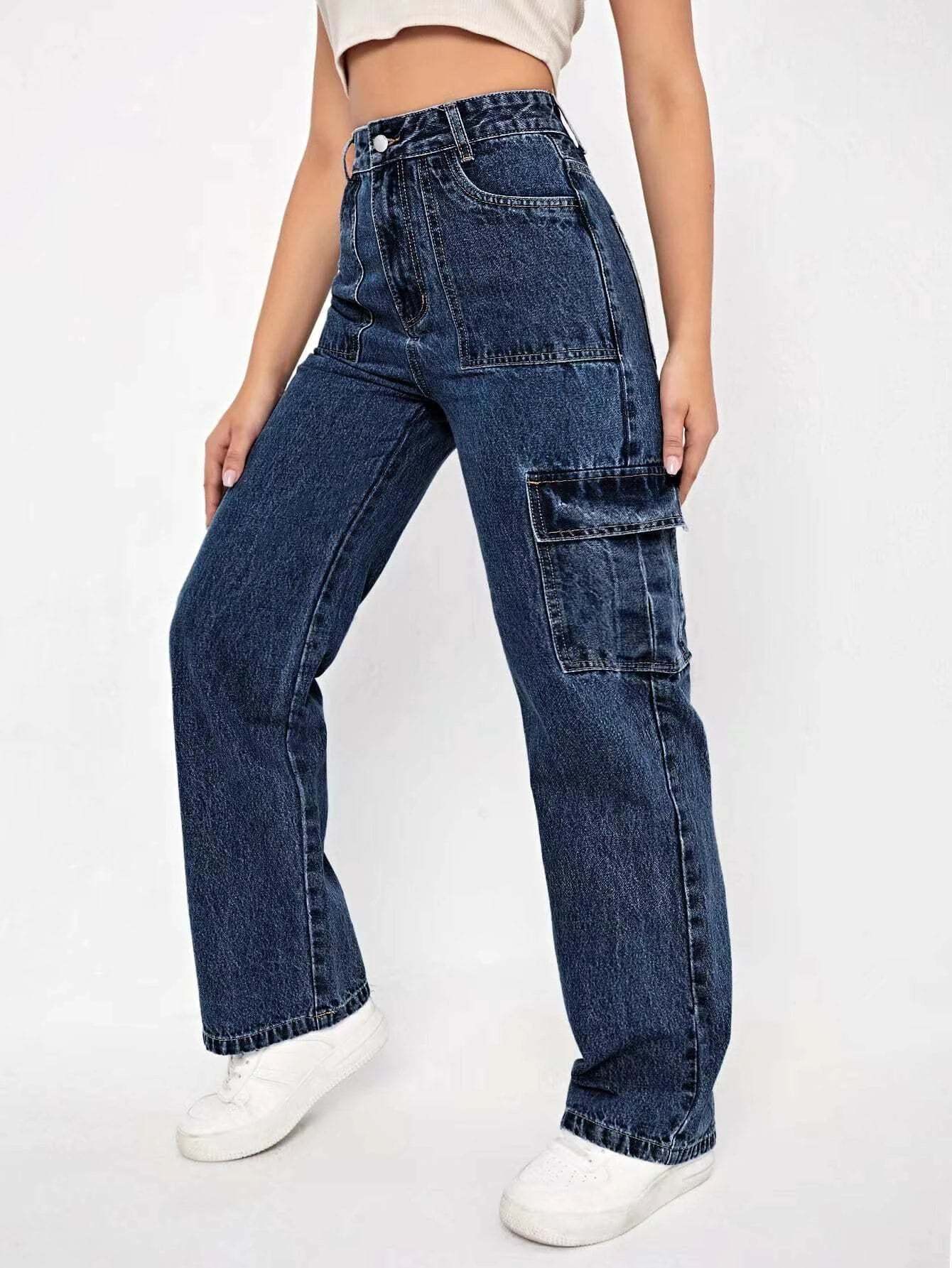 High Rise Cargo Jeans-Waves And Trunks