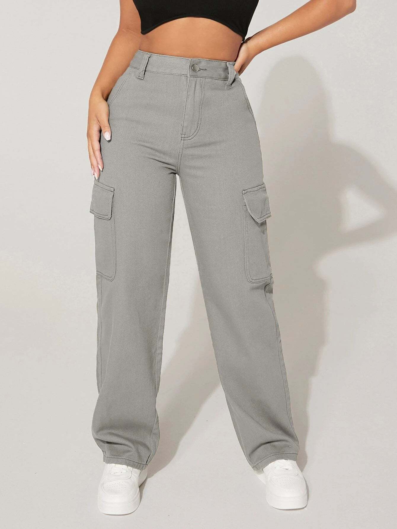 Straight Fit Denim High Rise Cargo Pants-Waves And Trunks