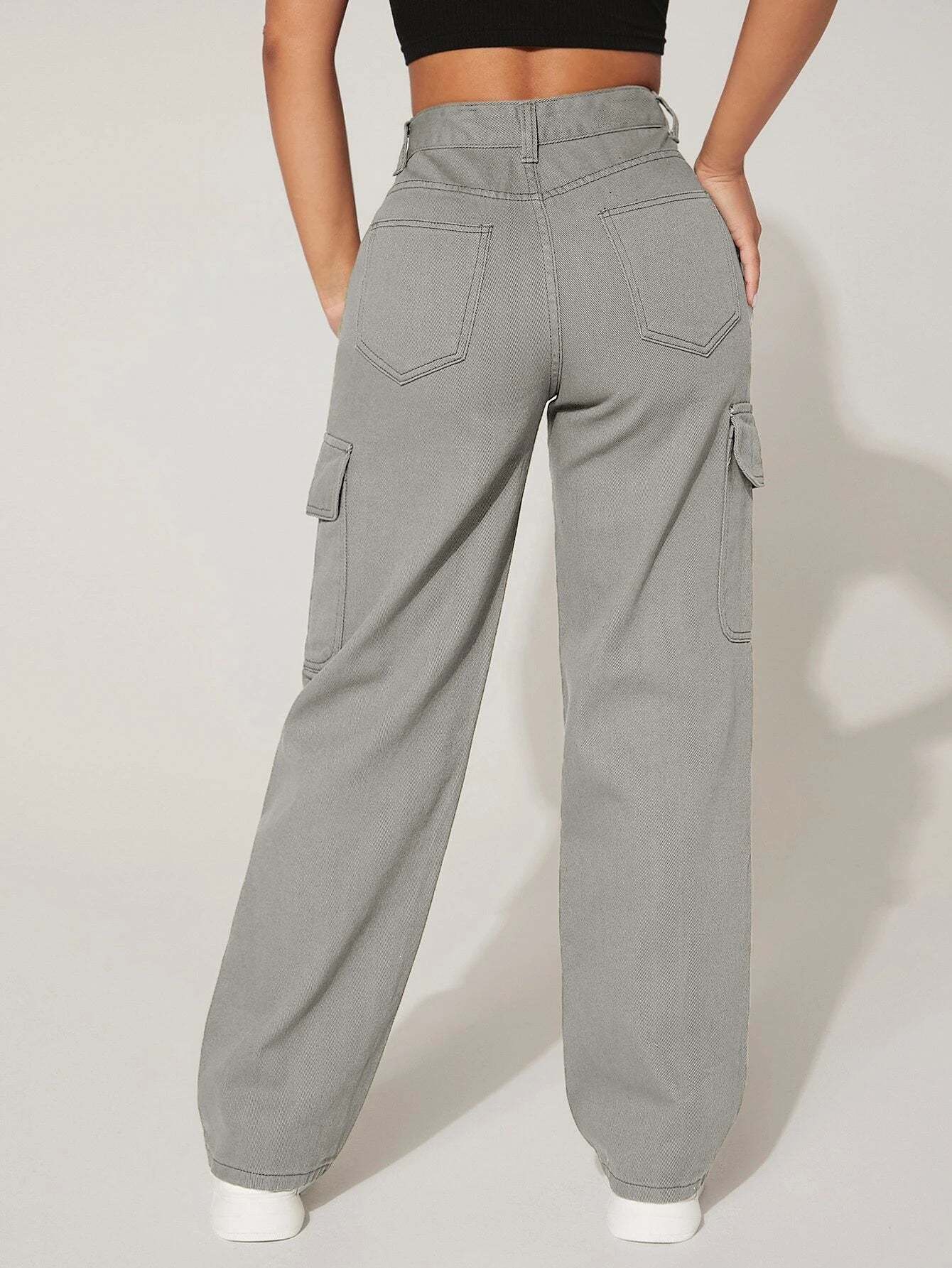 Straight Fit Denim High Rise Cargo Pants-Waves And Trunks