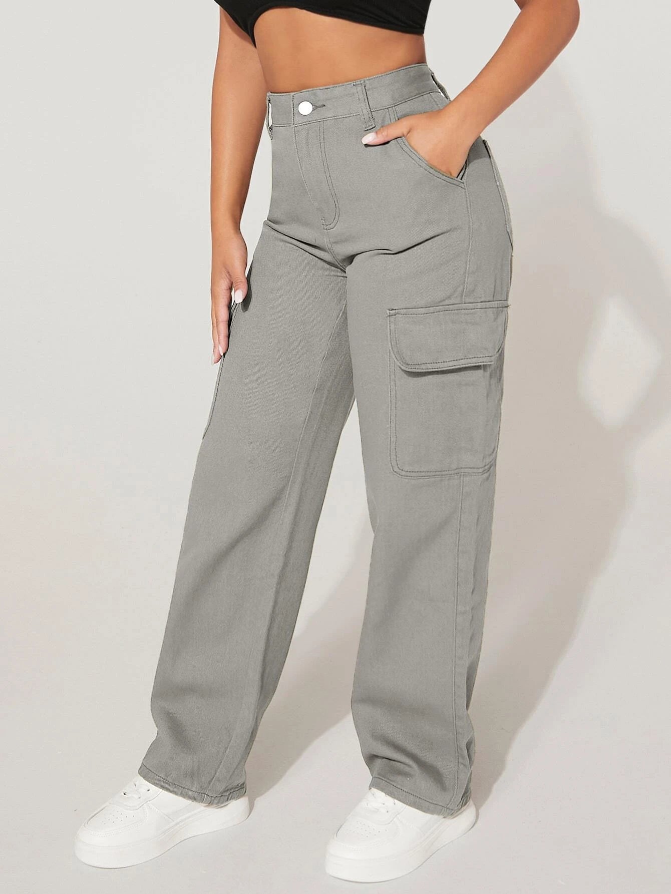 Straight Fit Denim High Rise Cargo Pants-Waves And Trunks