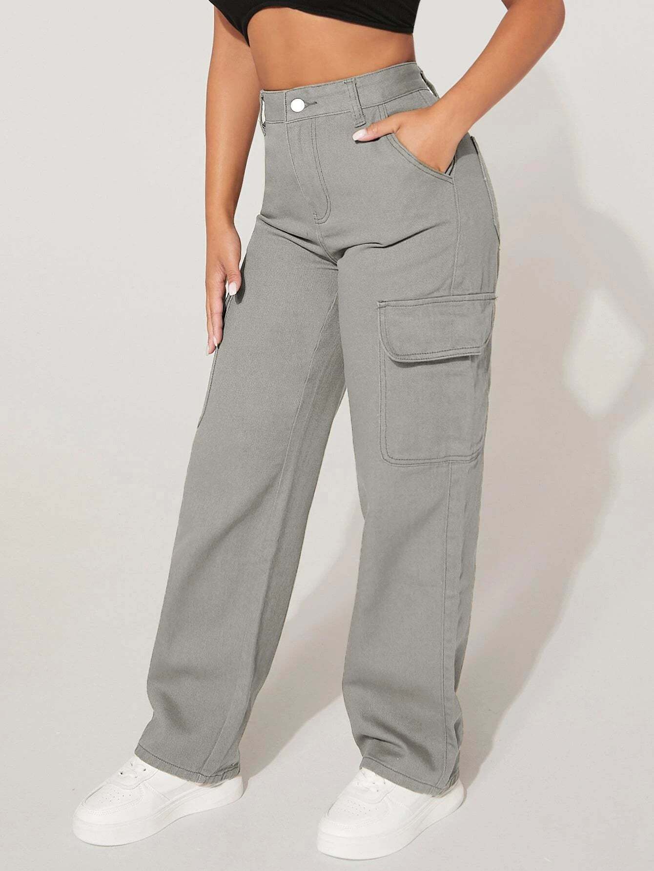 Straight Fit Denim High Rise Cargo Pants-Waves And Trunks