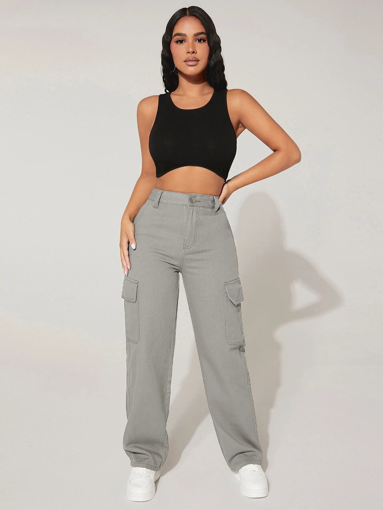 Straight Fit Denim High Rise Cargo Pants-Waves And Trunks