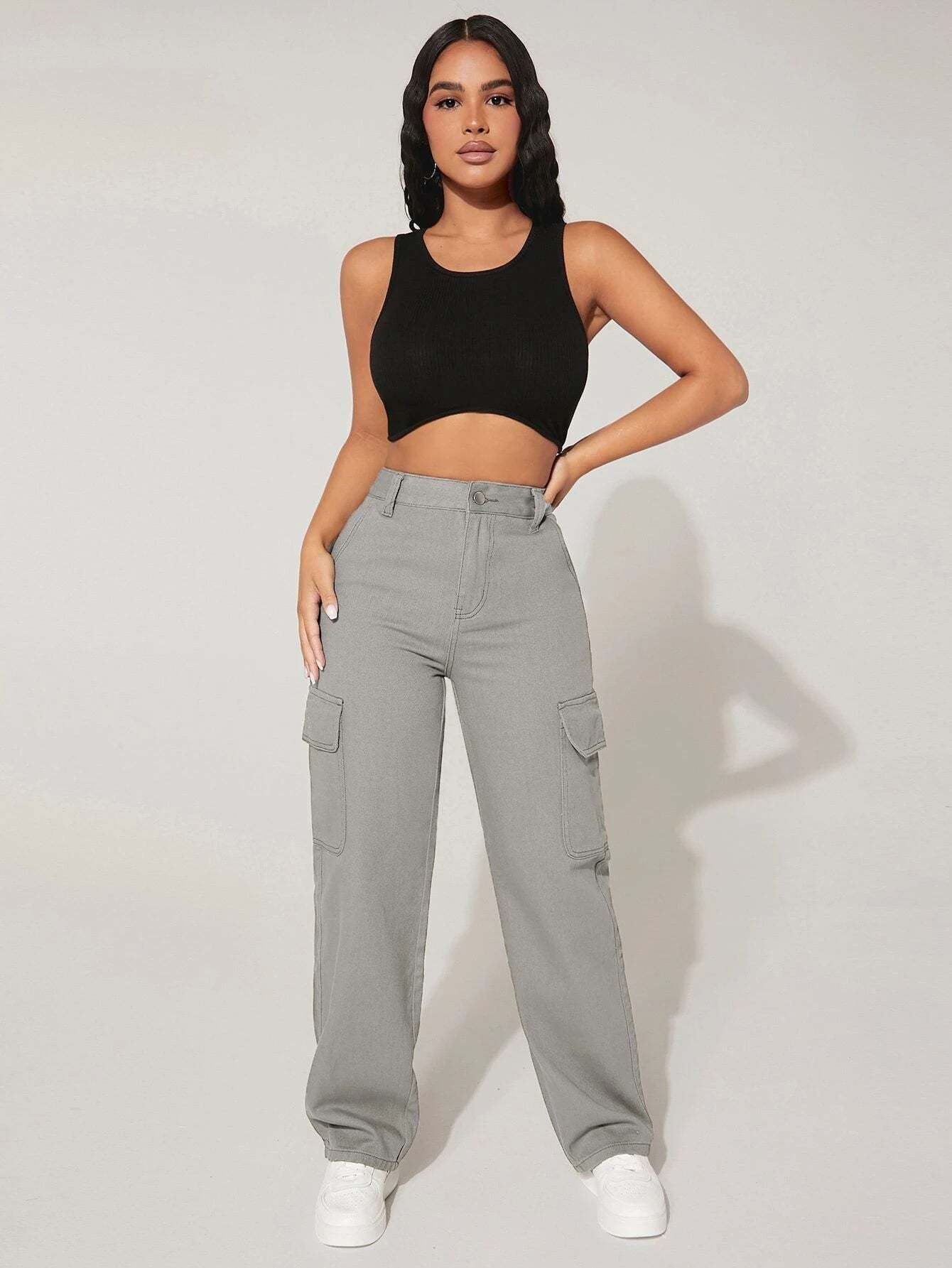 Straight Fit Denim High Rise Cargo Pants-Waves And Trunks