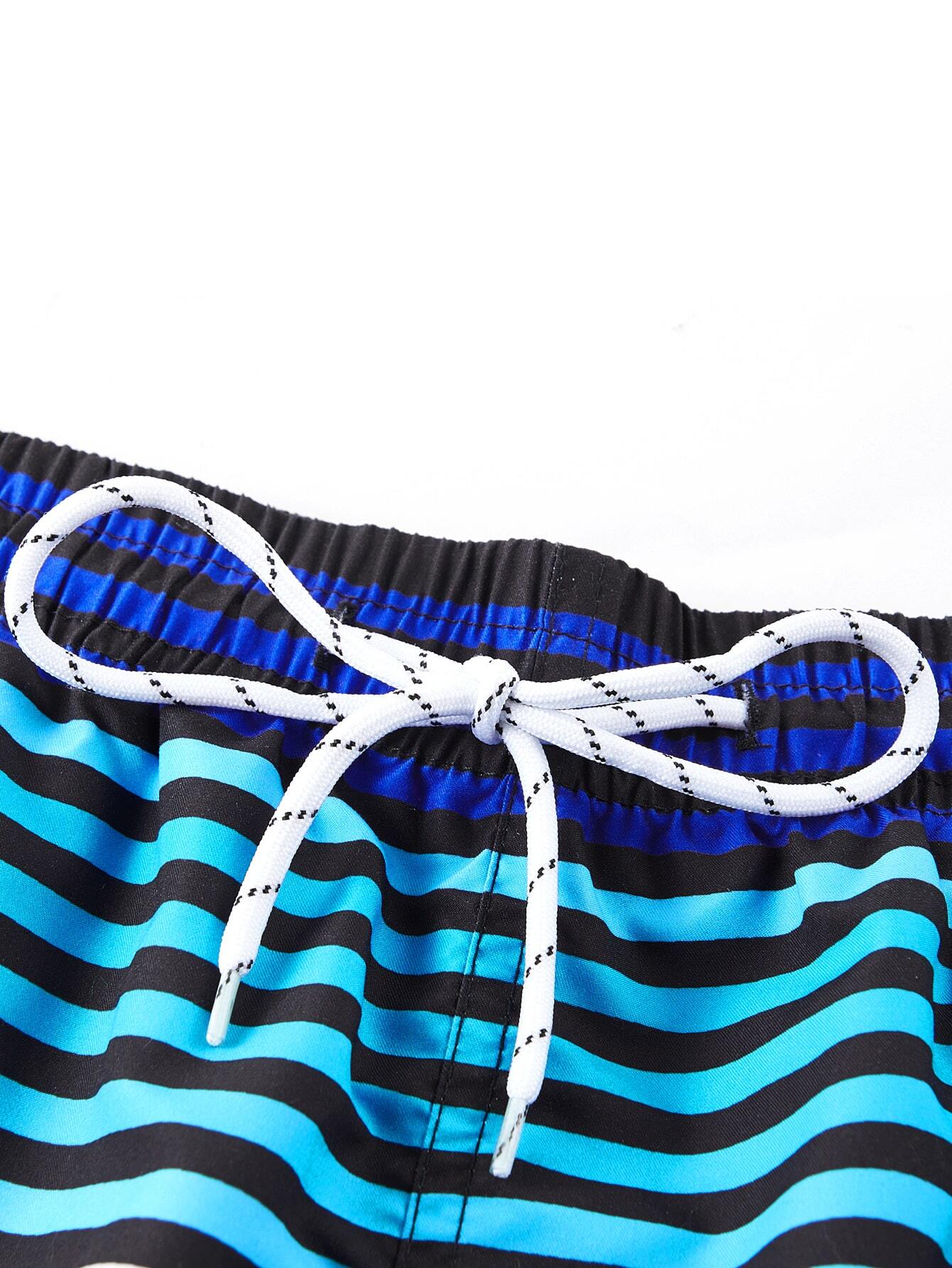 Printed Strips Beach Shorts With Drawstring-Waves And Trunks