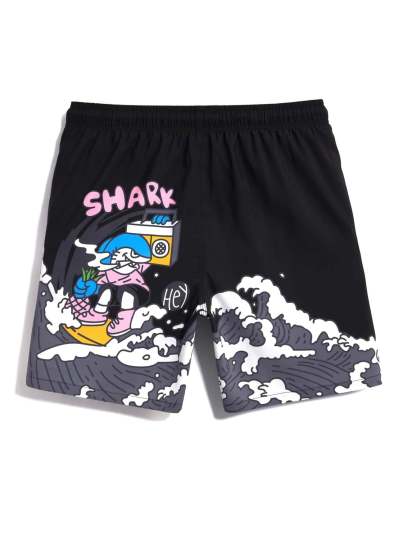 Cartoon And Letter Swim Shorts-Waves And Trunks