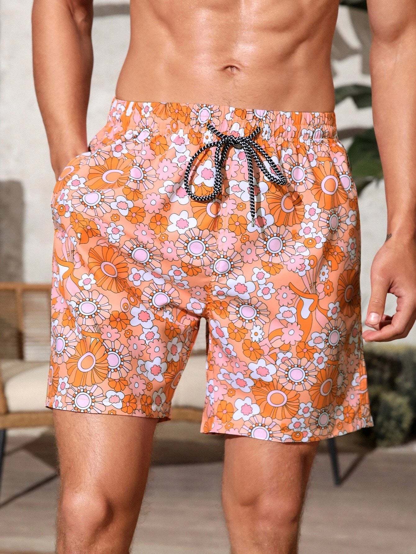 Floral Print Non Stretch Pocket Swim Trunks-Waves And Trunks