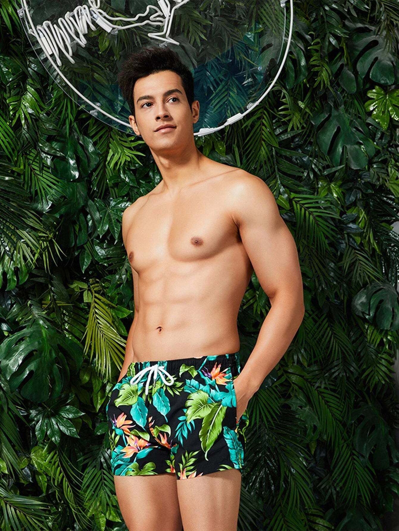 Tropical Leaf Print Swim Shorts-Waves And Trunks