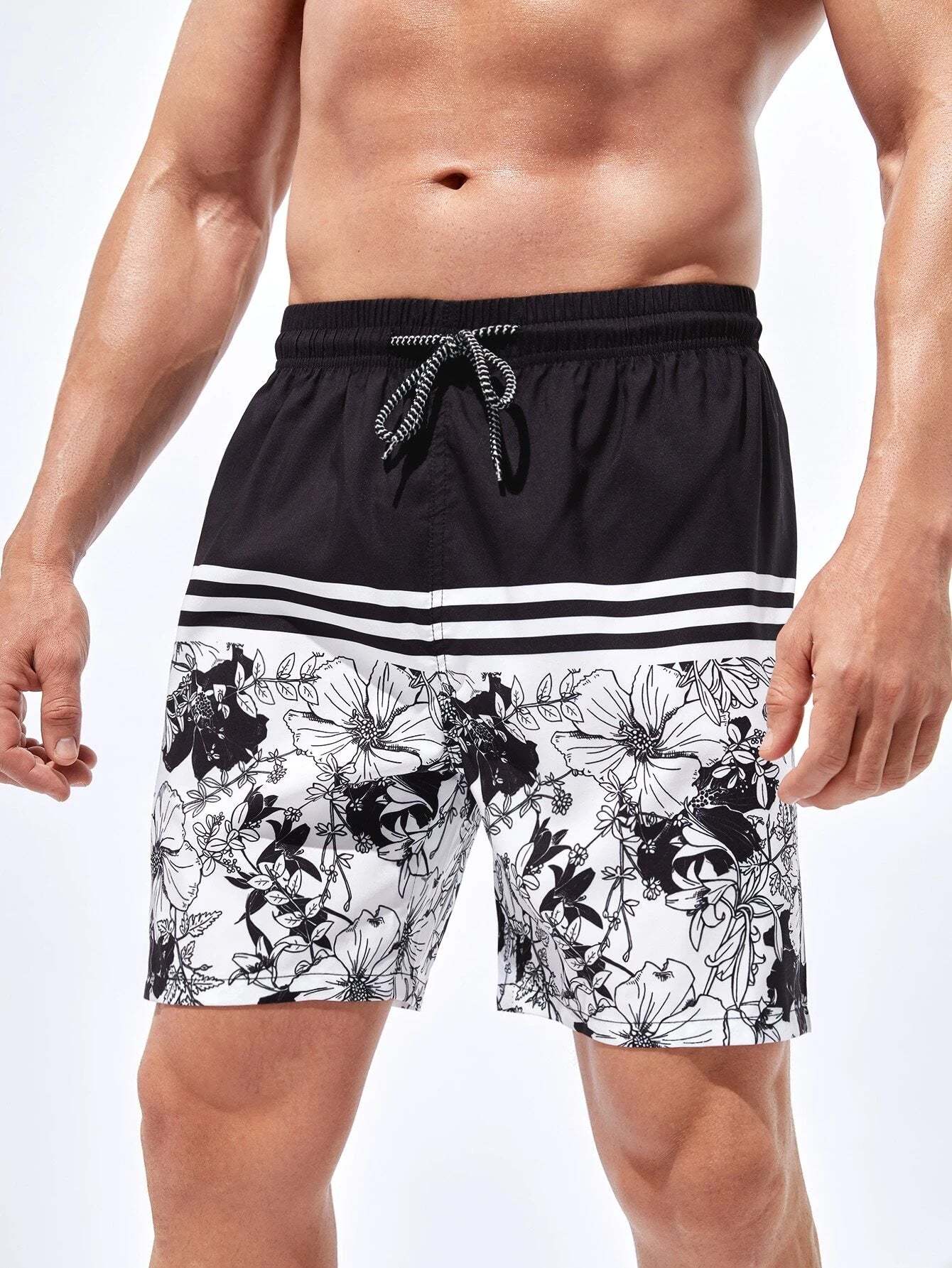 Striped And Floral Print Trunks-Waves And Trunks