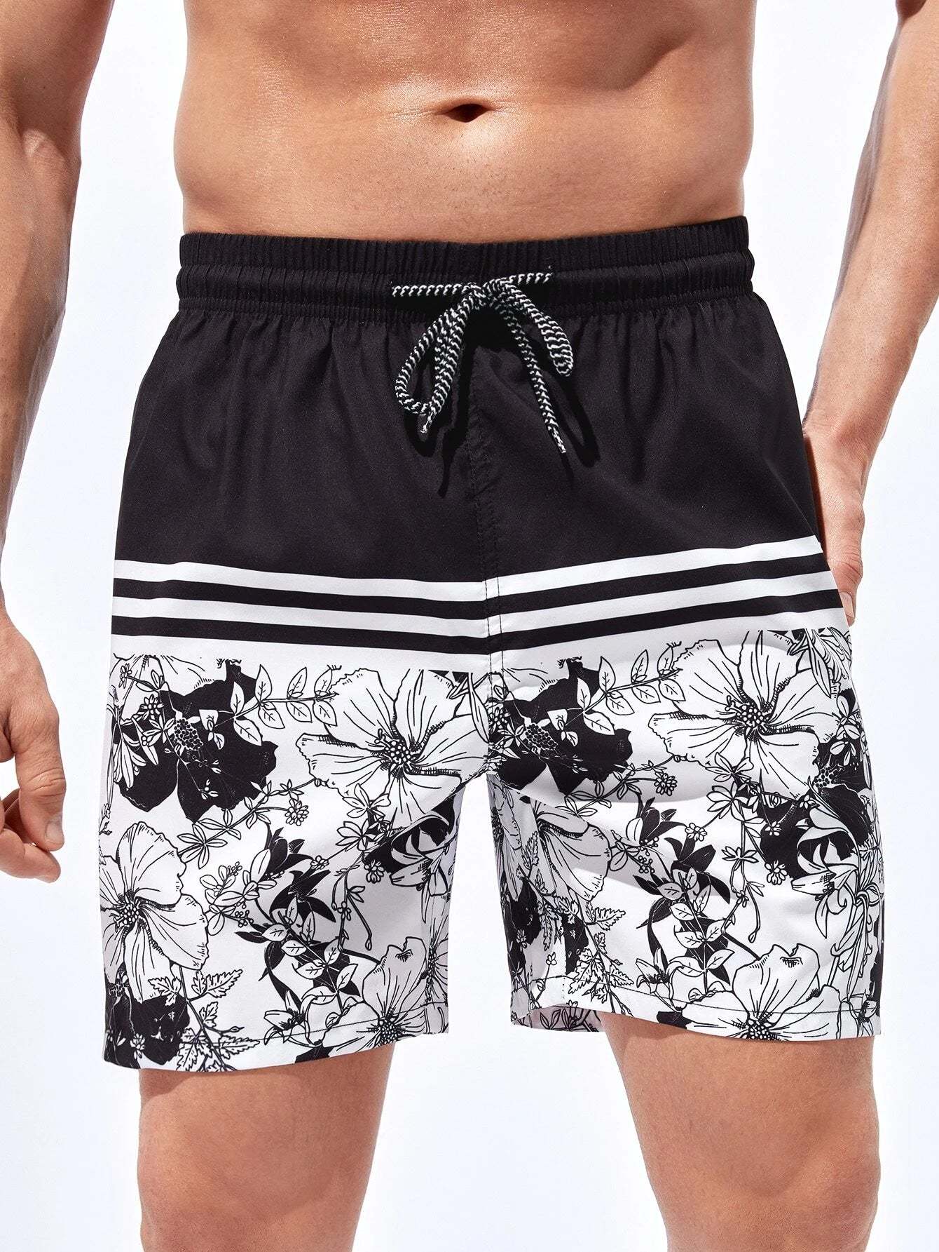 Striped And Floral Print Trunks-Waves And Trunks