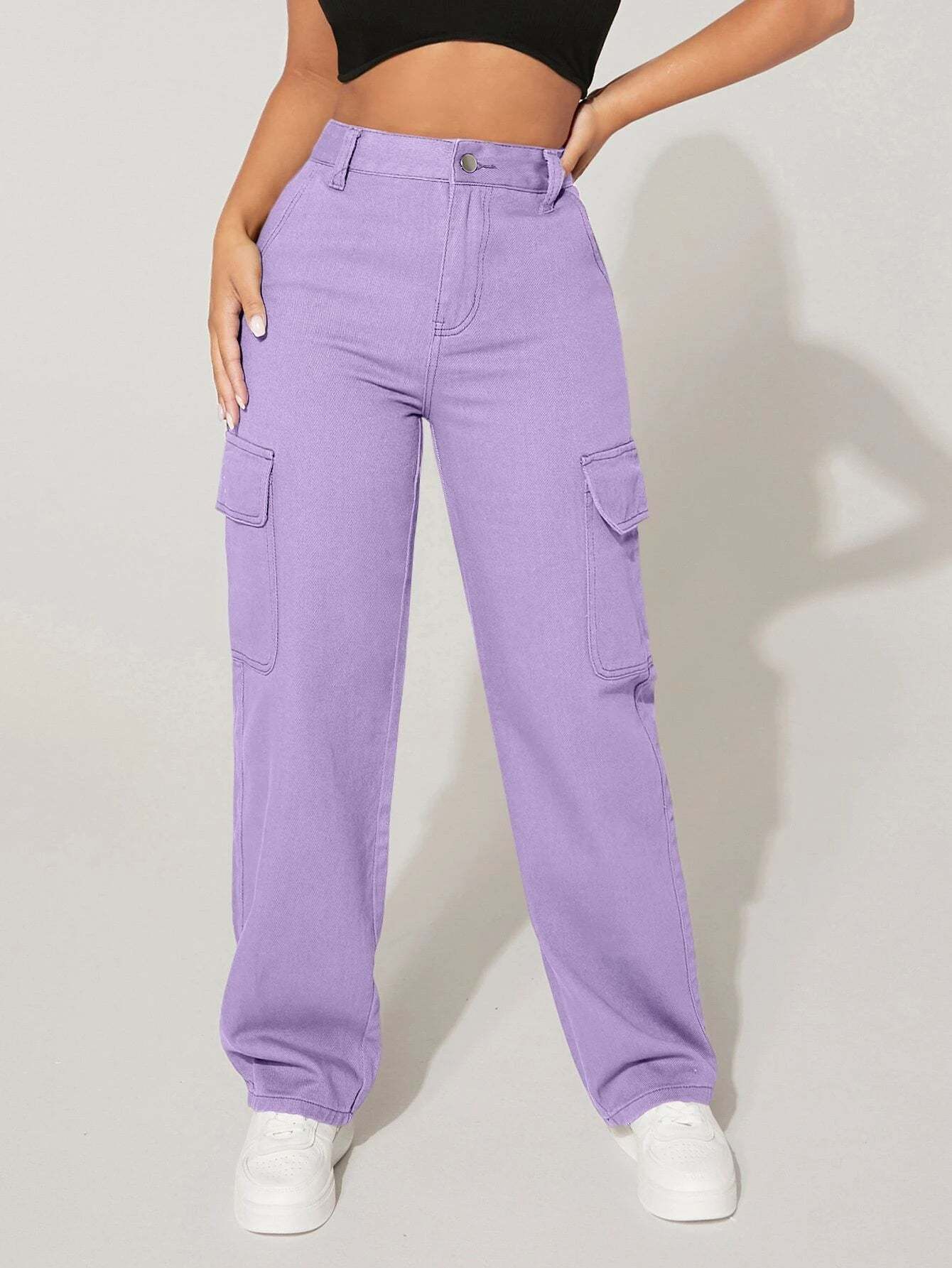 Straight Fit Denim High Rise Cargo Pants-Waves And Trunks