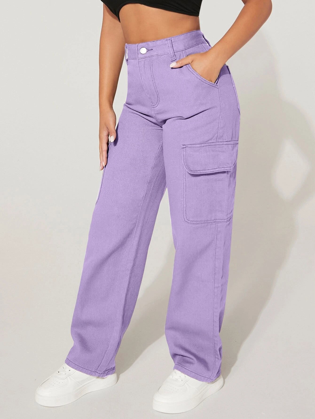 Straight Fit Denim High Rise Cargo Pants-Waves And Trunks