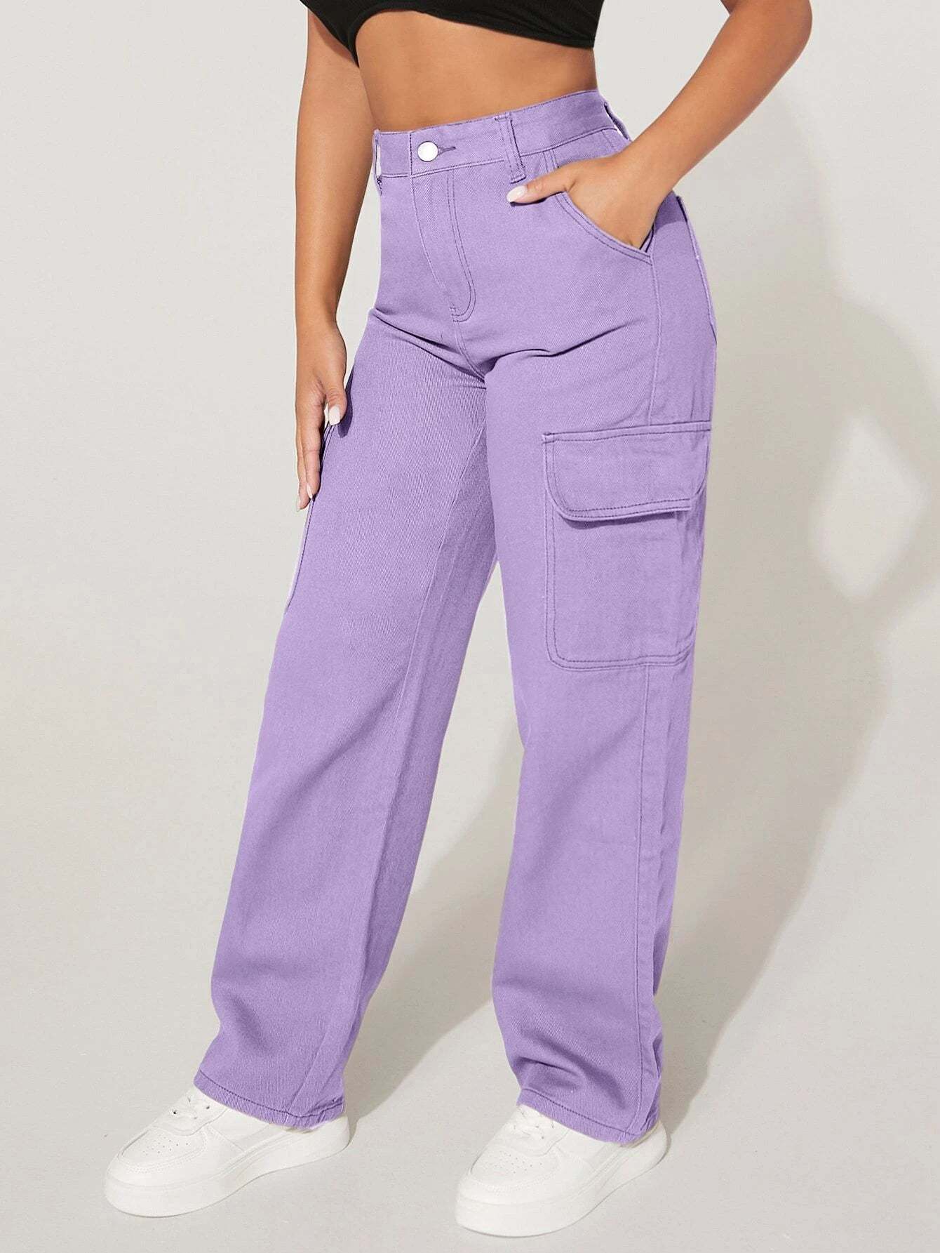 Straight Fit Denim High Rise Cargo Pants-Waves And Trunks