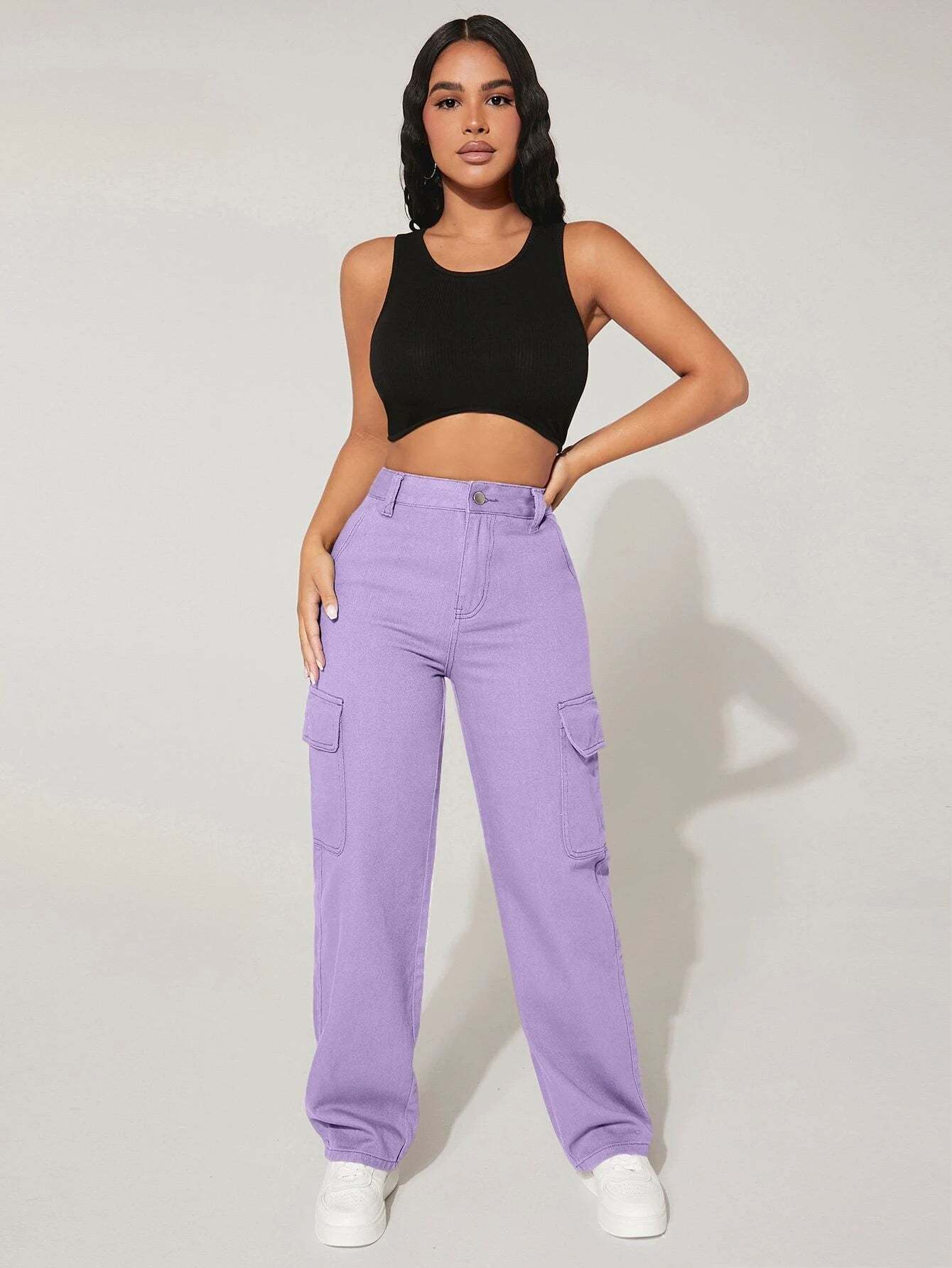 Straight Fit Denim High Rise Cargo Pants-Waves And Trunks