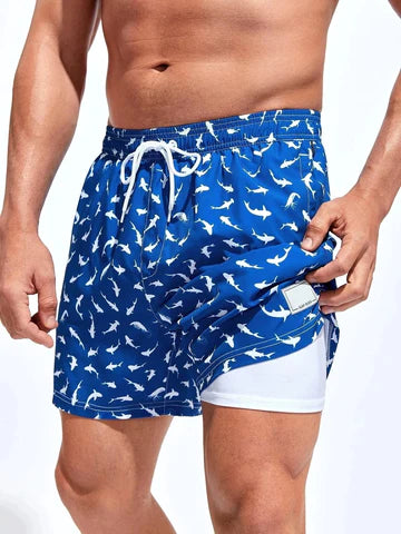 Allover Print Drawstring Waist Slight Stretch Swim Trunks-Waves And Trunks