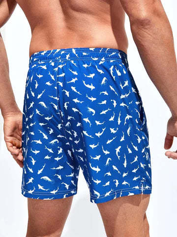 Allover Print Drawstring Waist Slight Stretch Swim Trunks-Waves And Trunks