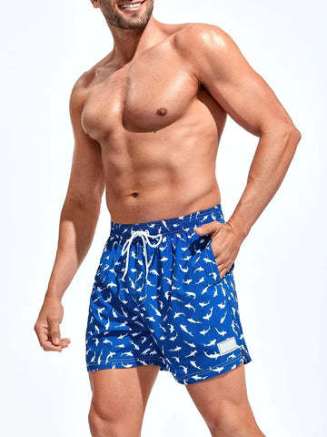 Allover Print Drawstring Waist Slight Stretch Swim Trunks-Waves And Trunks