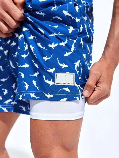 Allover Print Swim Trunks And Compression Liner-Waves And Trunks