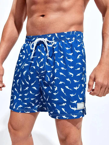Allover Print Drawstring Waist Slight Stretch Swim Trunks-Waves And Trunks