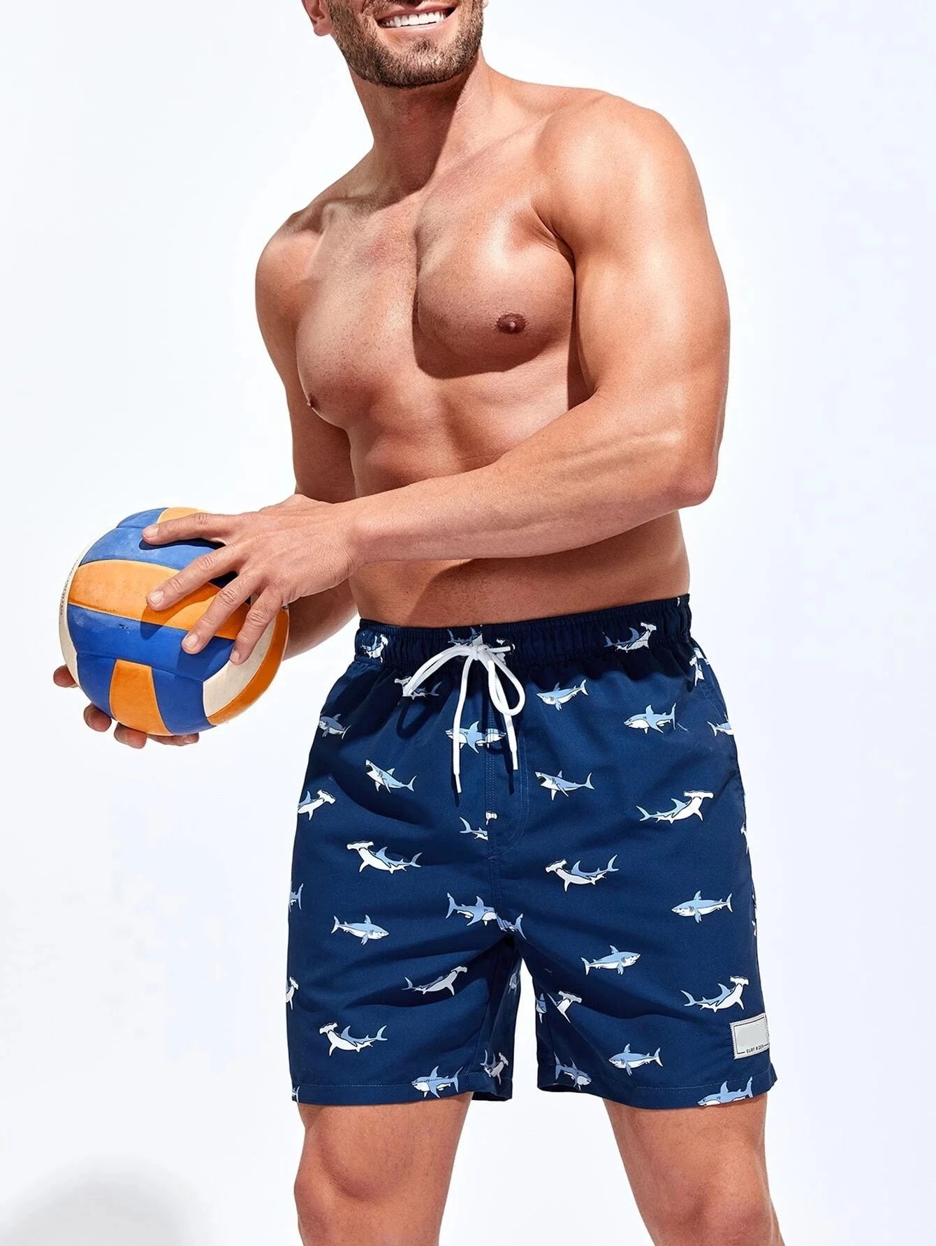 Shark Print Letter Patched Swim Trunks-Waves And Trunks